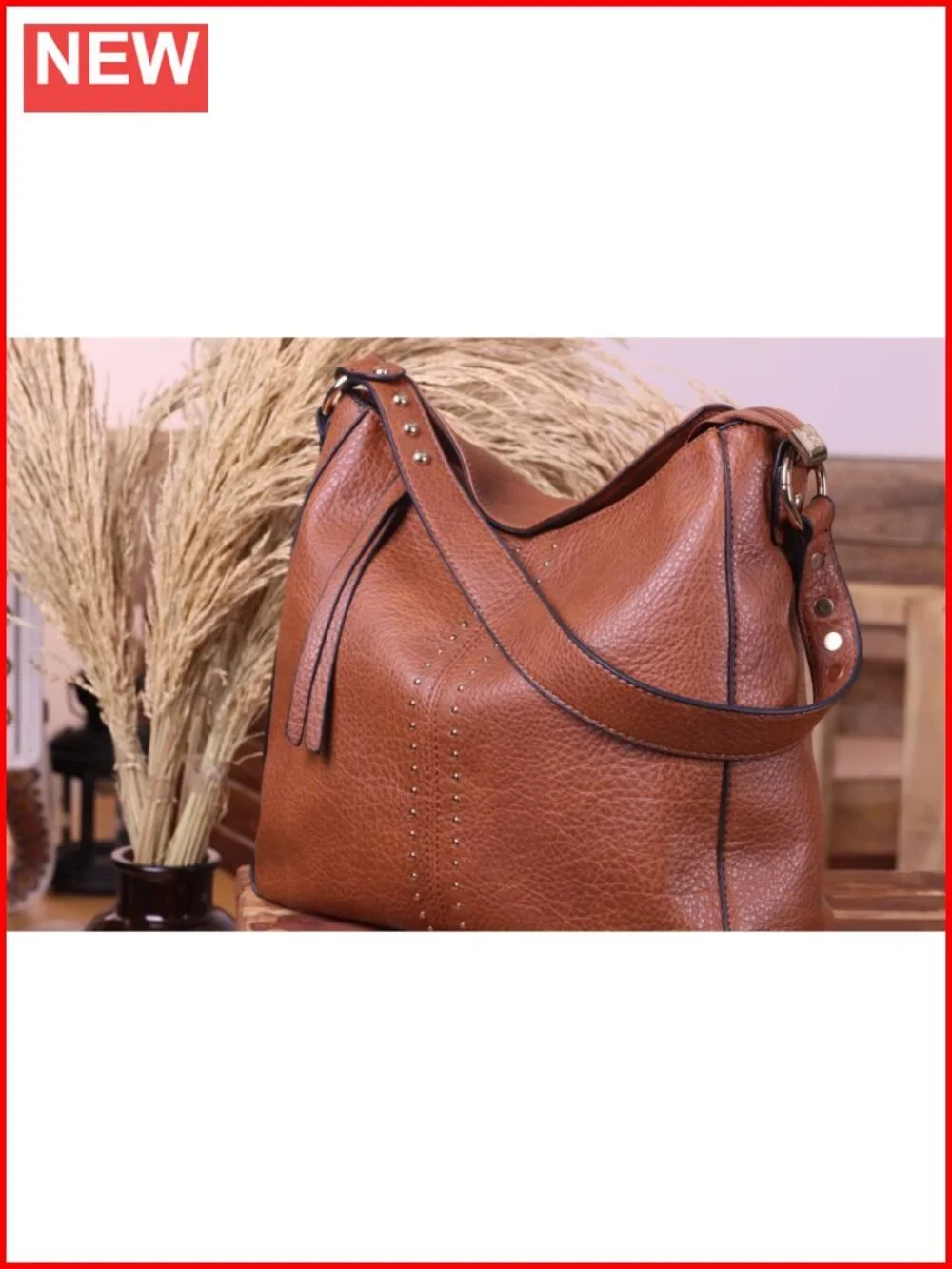 Faux Leather Studded Hobo Crossbody Purse with Zip Top